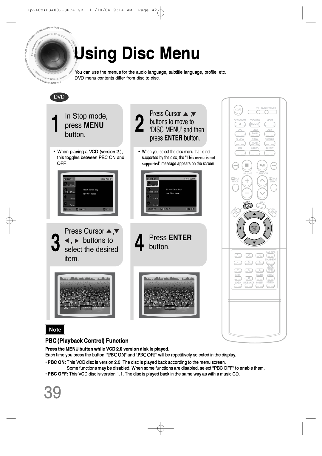 Samsung HT-DS400 instruction manual UsingDisc Menu, In Stop mode, buttons to, item, pressbutton.MENU, Press Cursor 