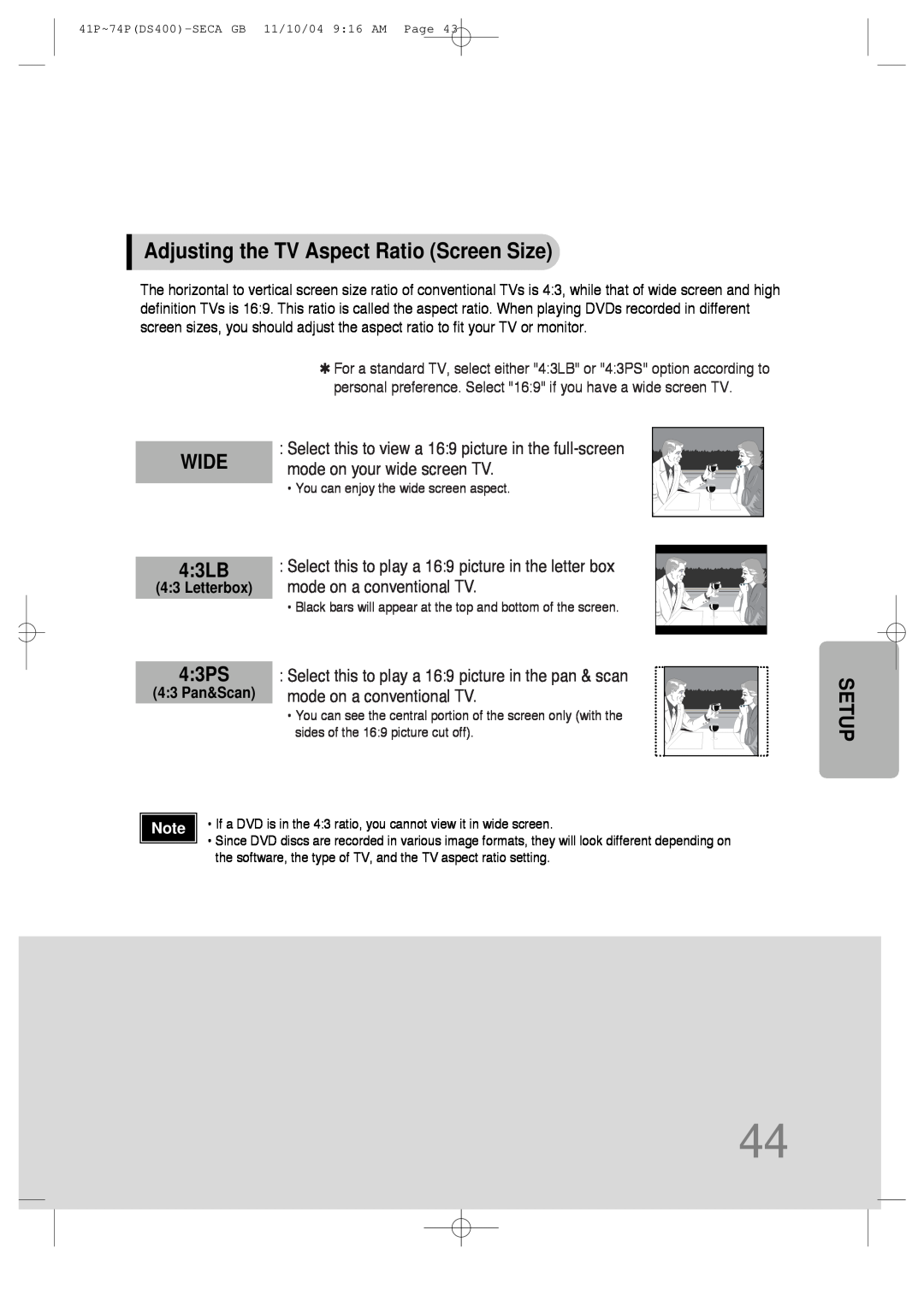 Samsung HT-DS400 instruction manual Adjusting the TV Aspect Ratio Screen Size, WIDE 4:3LB, 4:3PS, Setup 