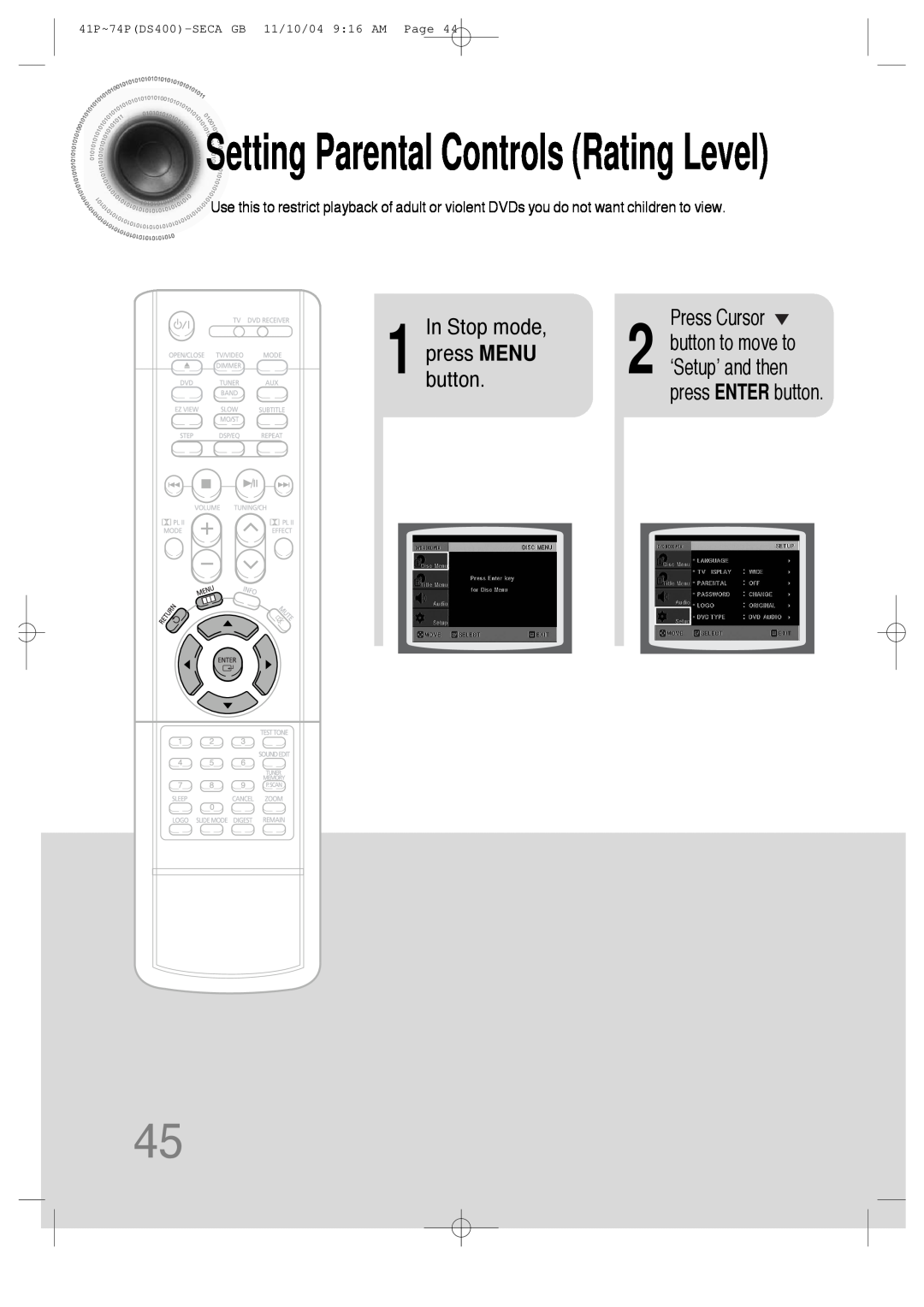 Samsung HT-DS400 instruction manual SettingParental Controls Rating Level, Stop mode, ‘Setup’ and then, Press Cursor 