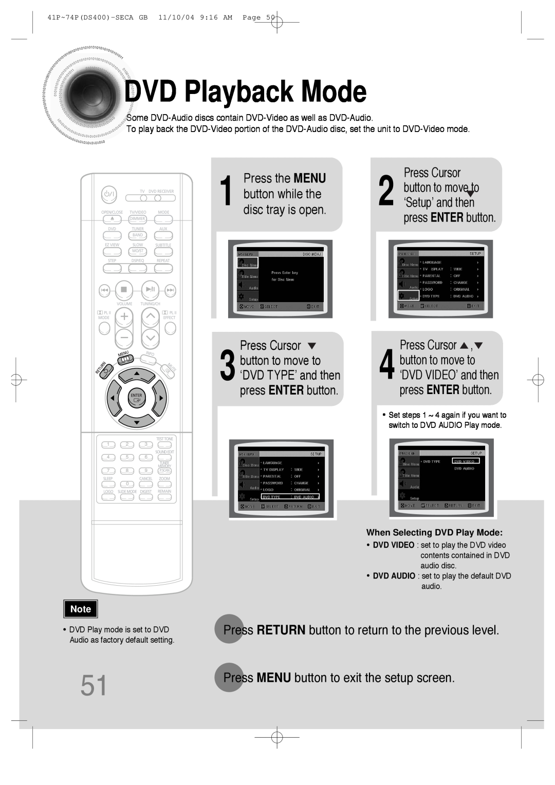 Samsung HT-DS400 instruction manual DVDPlayback Mode, Press the MENU, Press Cursor, button while the disc tray is open 