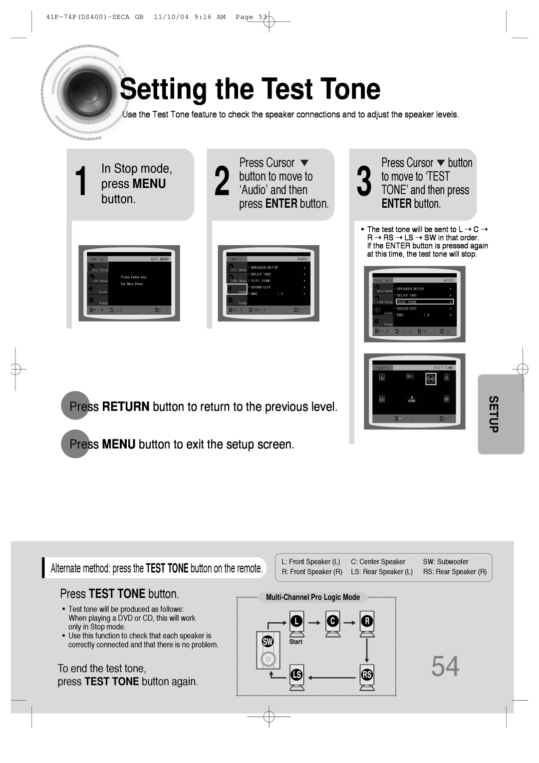 Samsung HT-DS400 instruction manual Settingthe Test Tone 
