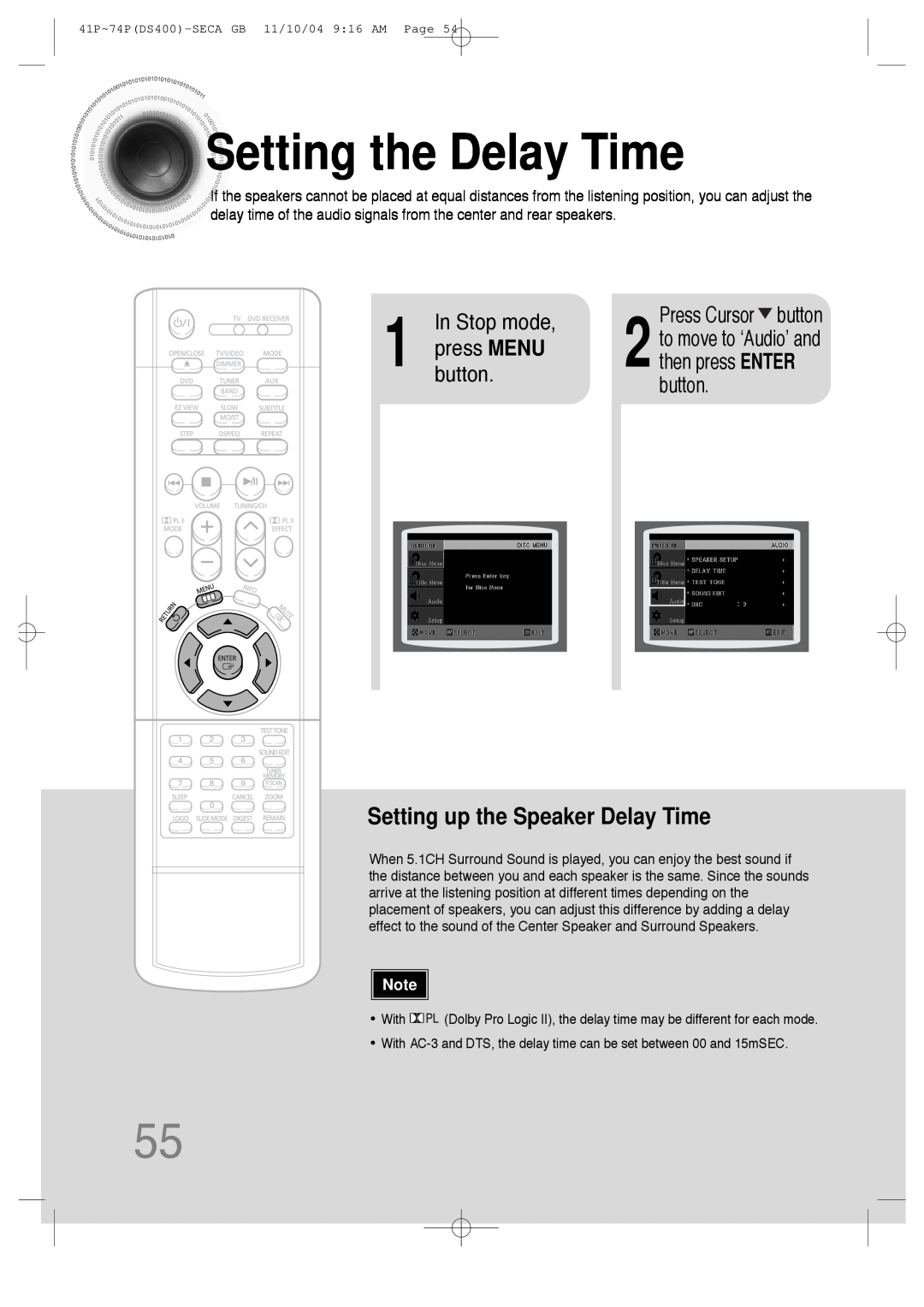 Samsung HT-DS400 Settingthe Delay Time, Setting up the Speaker Delay Time, Press Cursor button, In Stop mode 