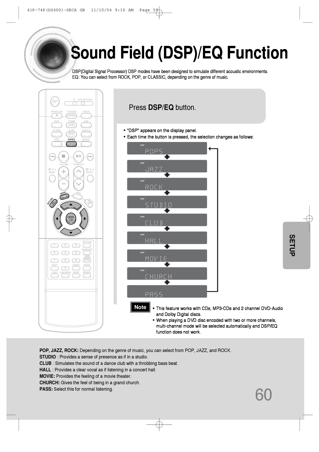 Samsung HT-DS400 SoundField DSP/EQ Function, Press DSP/EQ button, Setup, MOVIE: Provides the feeling of a movie theater 