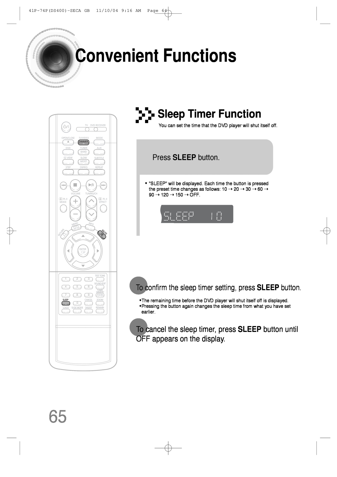 Samsung HT-DS400 ConvenientFunctions, Sleep Timer Function, Press SLEEP button, OFF appears on the display 