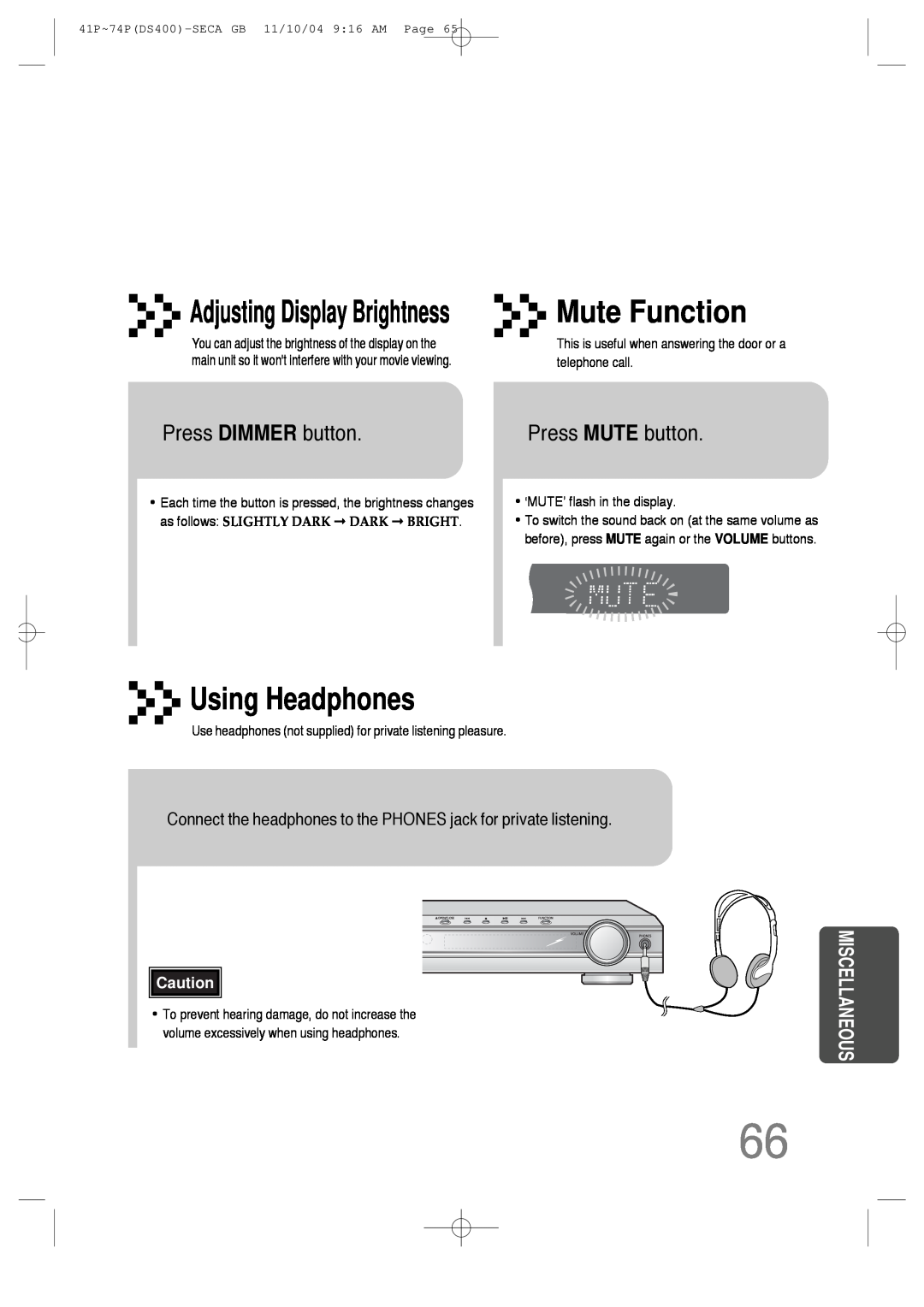 Samsung HT-DS400 Using Headphones, Press DIMMER button, Press MUTE button, Adjusting Display Brightness, Mute Function 