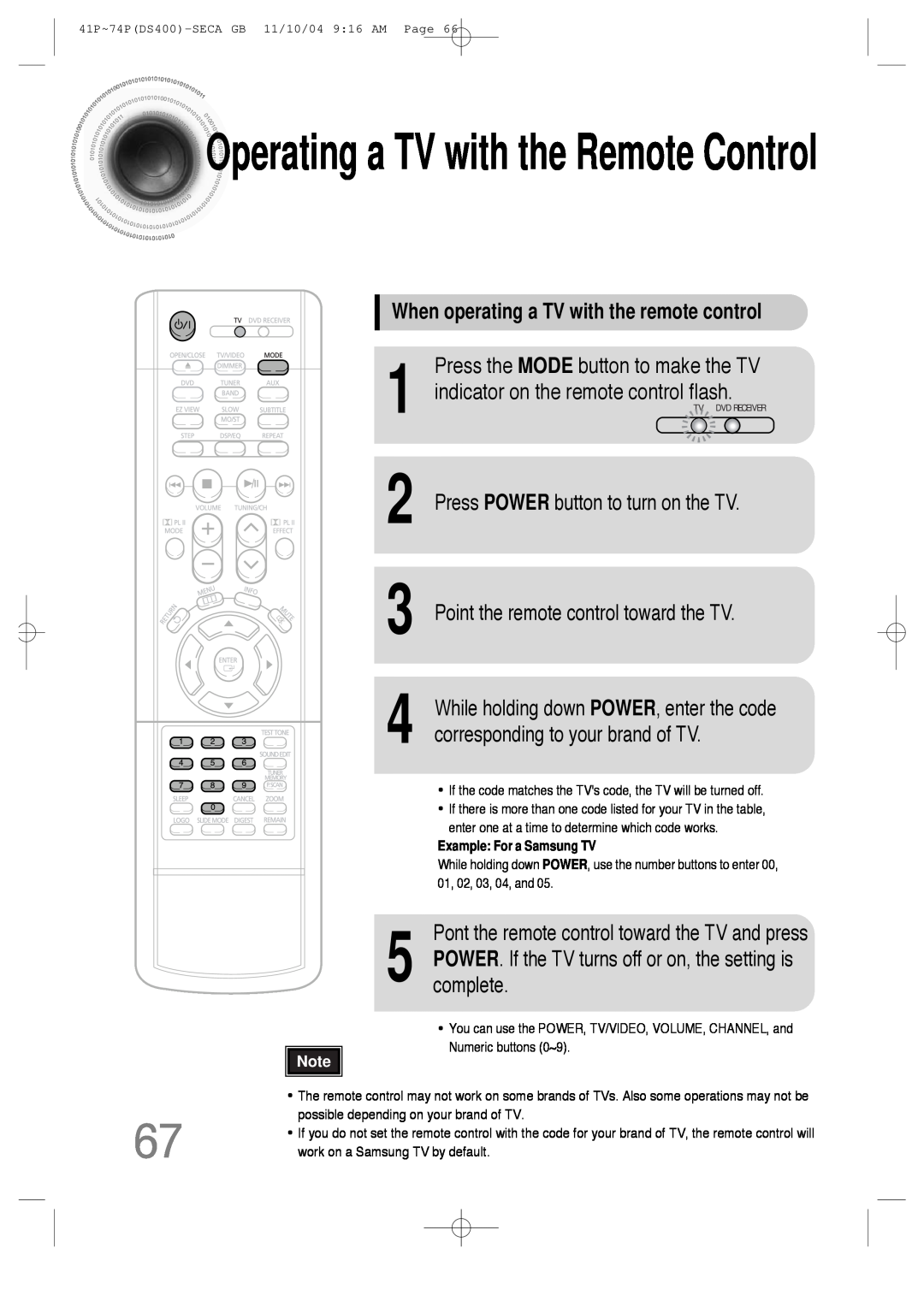 Samsung HT-DS400 instruction manual Operatinga TV with the Remote Control, When operating a TV with the remote control 