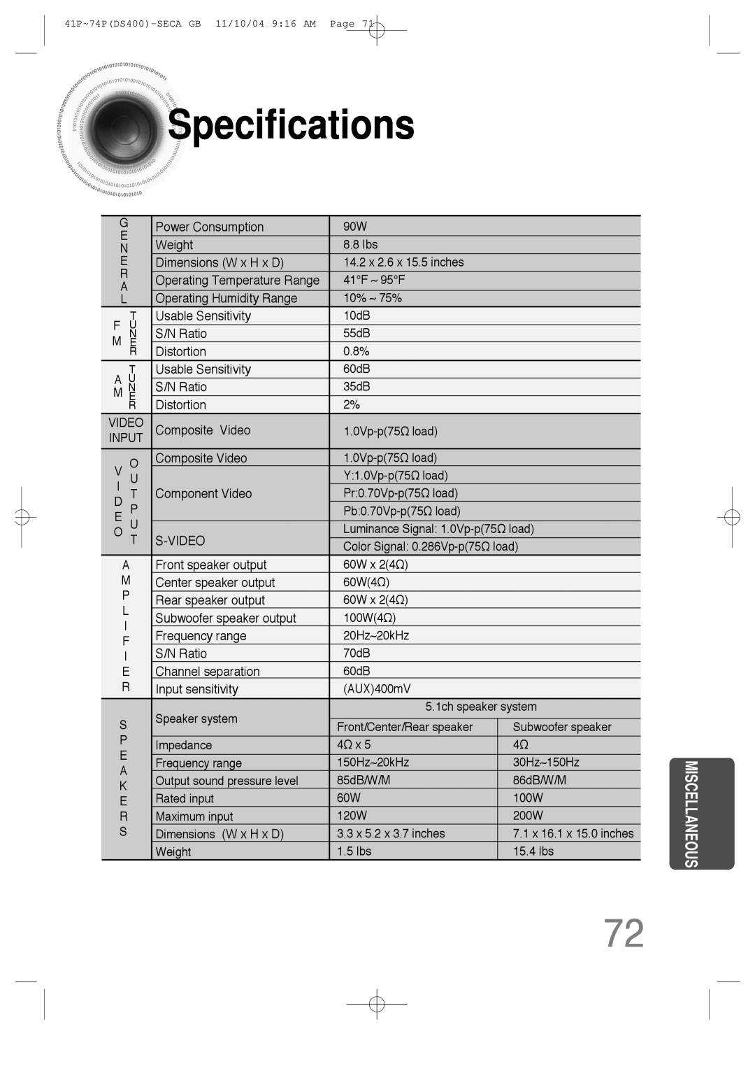 Samsung HT-DS400 instruction manual Specifications, Miscellaneous 