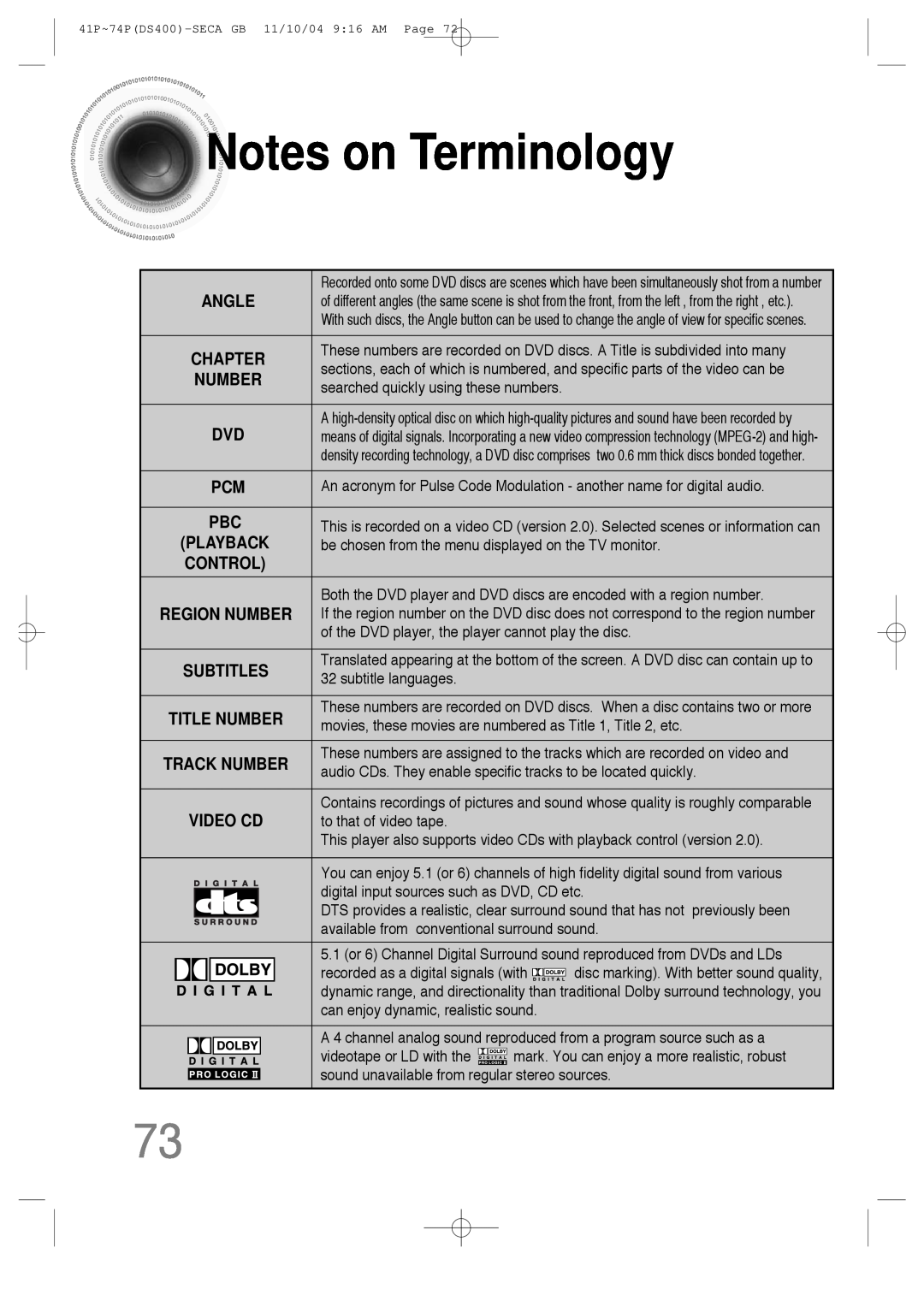 Samsung HT-DS400 instruction manual Noteson Terminology, Angle, Chapter, Number, Video Cd 