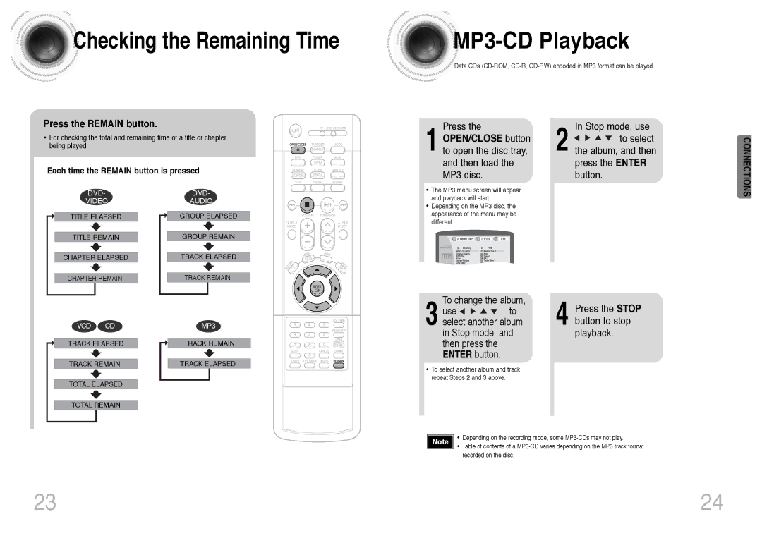 Samsung HT-DS403T, HT-DS420S MP3 -CD Playback, Press the Remain button, Each time the Remain button is pressed 