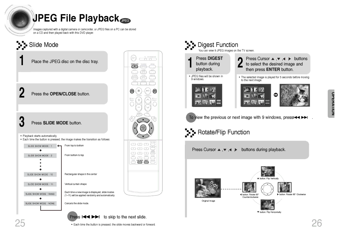 Samsung HT-DS420S, HT-DS403T Jpeg File Playback Jpeg, Press Slide Mode button, Press To skip to the next slide 