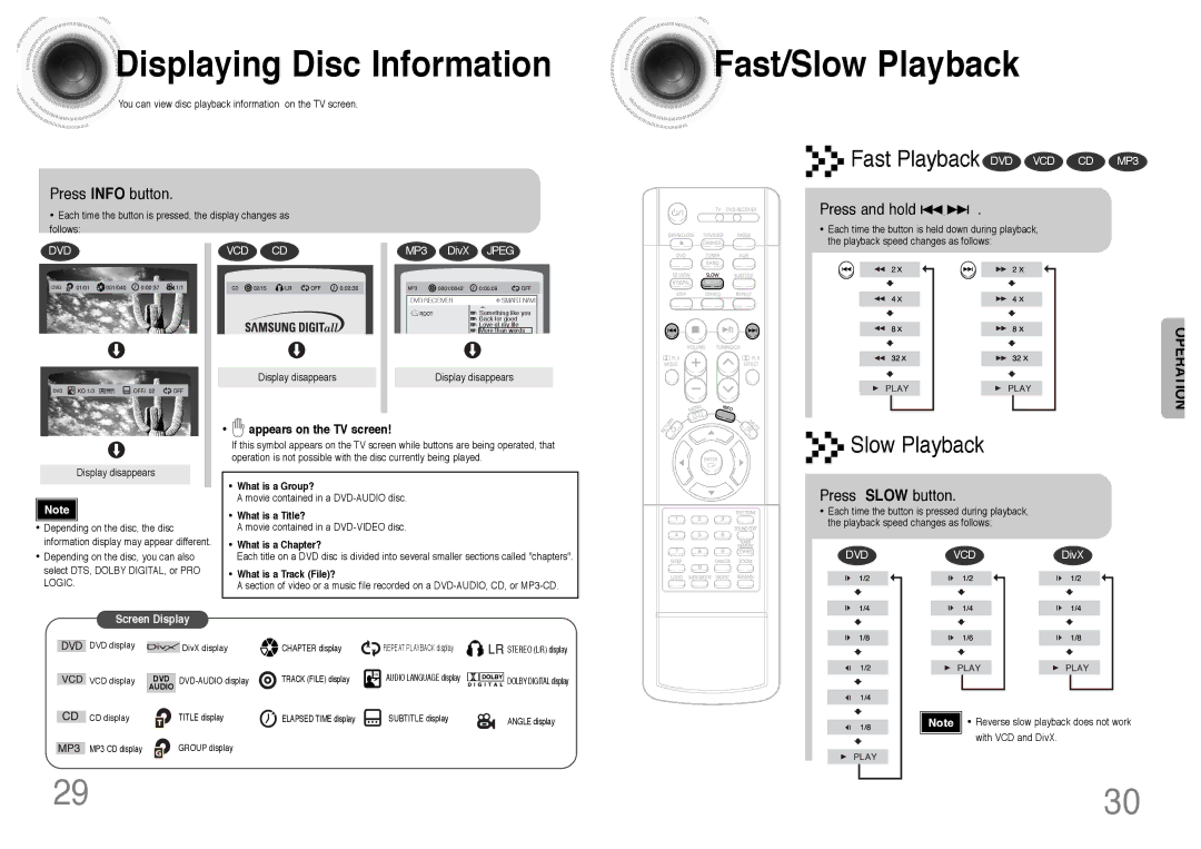 Samsung HT-DS420 Displaying Disc Information, Fast/Slow Playback, Press Info button, Press and hold, Press Slow button 