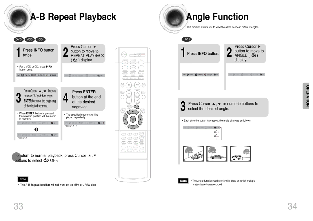 Samsung HT-DS403T, HT-DS420 Repeat Playback Angle Function, Press Info button twice, Press Cursor 2 button to move to 