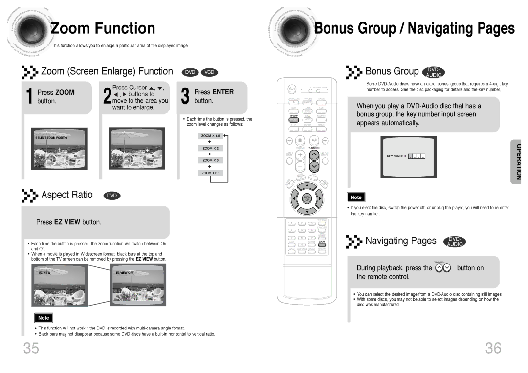 Samsung HT-DS403T, HT-DS420S instruction manual Zoom Function, Press EZ View button, Press Enter button, Remote control 