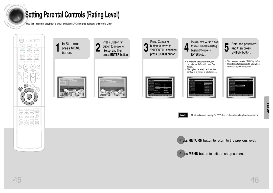 Samsung HT-DS403T, HT-DS420S Setting Parental Controls Rating Level, Enter the password Then press Enter button 