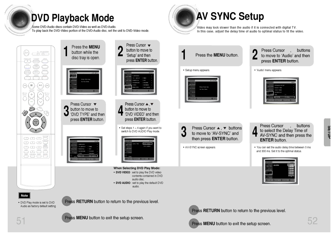 Samsung HT-DS403T, HT-DS420S AV Sync Setup, DVD Playback Mode, Press the Menu Button while the disc tray is open 