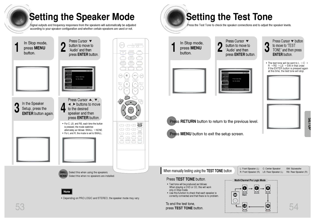 Samsung HT-DS403T, HT-DS420S instruction manual Setting the Speaker Mode, Setting the Test Tone, Press Test Tone button 