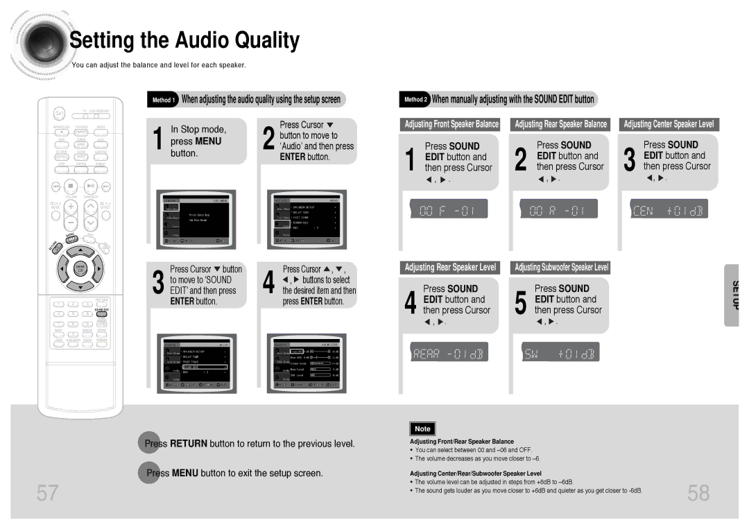 Samsung HT-DS403T, HT-DS420S instruction manual Setting the Audio Quality, Press Sound Edit button and then press Cursor 