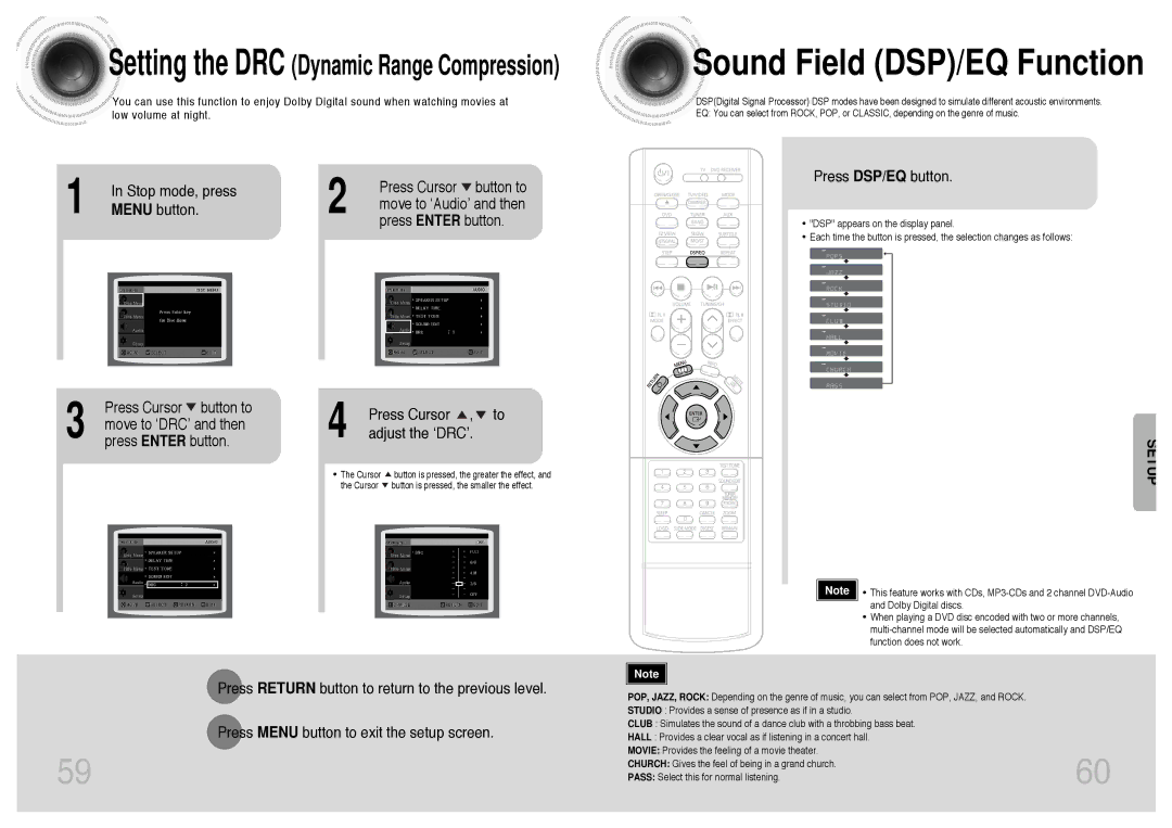 Samsung HT-DS420 Sound Field DSP/EQ Function, Stop mode, press Press Cursor button to Menu button, Press DSP/EQ button 