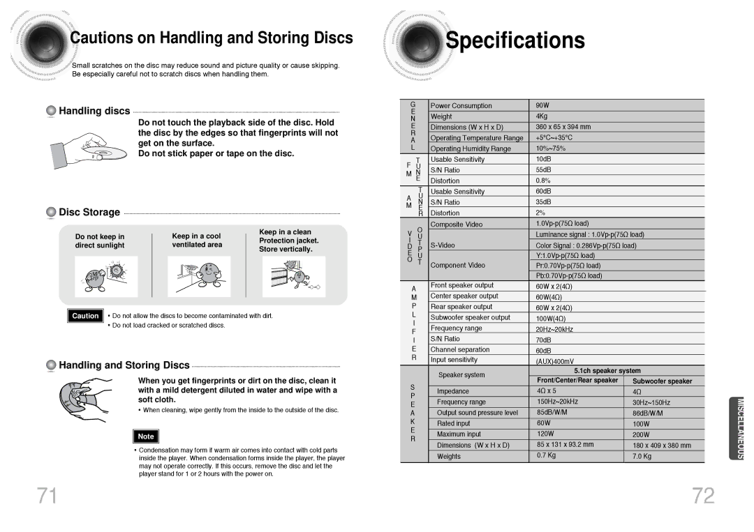 Samsung HT-DS403T, HT-DS420S instruction manual Specifications, Handling discs 