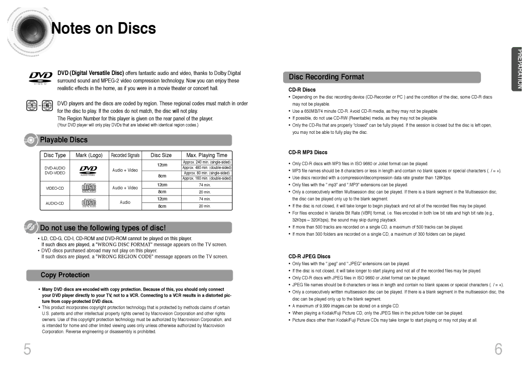 Samsung HT-DS403T, HT-DS420S instruction manual Copy Protection, CD-R Discs, CD-R MP3 Discs, CD-R Jpeg Discs 