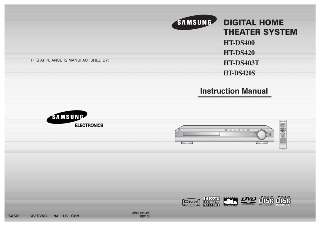 Samsung instruction manual AH68-01490K REV:03, Digital Home Theater System, HT-DS400 HT-DS420 HT-DS403T, HT-DS420S 