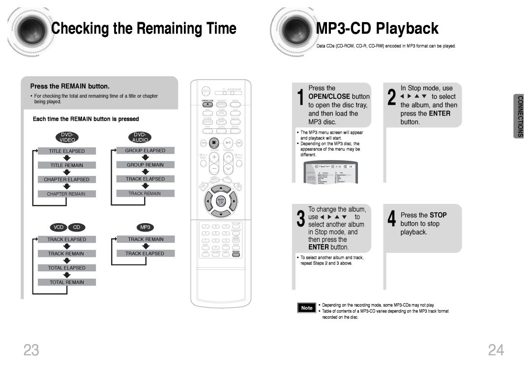 Samsung HT-DS420 MP3 -CDPlayback, Checkingthe Remaining Time, Press the REMAIN button, To change the album, Video, Audio 