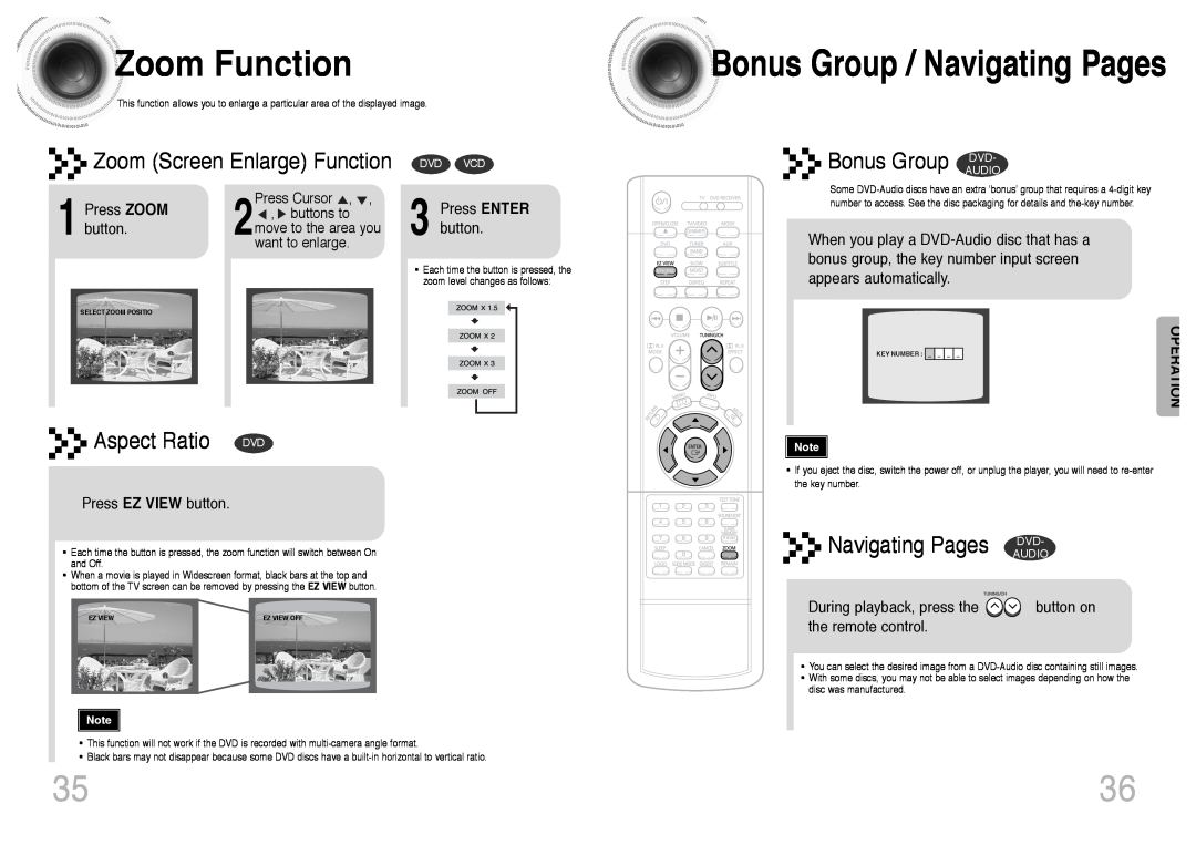 Samsung HT-DS420 ZoomFunction, BonusGroup / Navigating Pages, Zoom Screen Enlarge Function, Bonus Group DVD, Dvd Vcd 