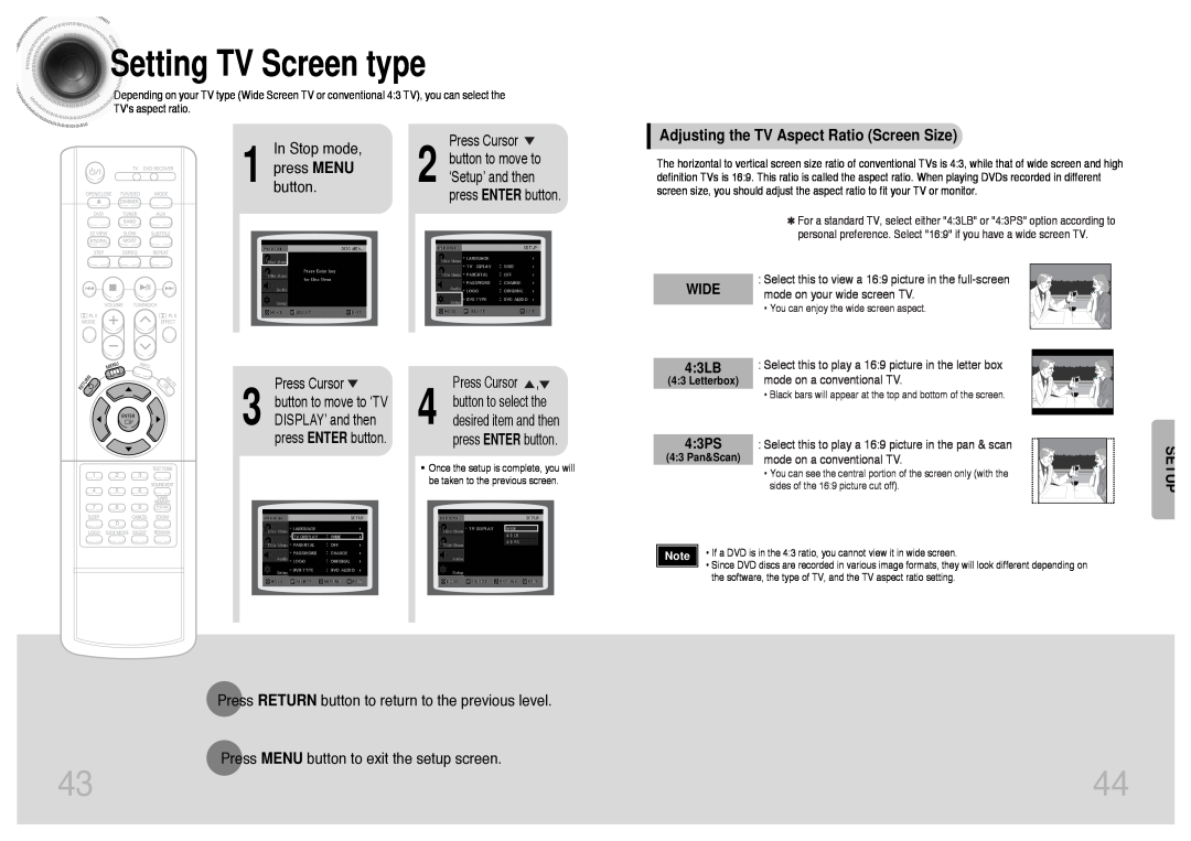 Samsung HT-DS420S SettingTV Screen type, Adjusting the TV Aspect Ratio Screen Size, WIDE 4 3LB, 4 3PS, Setup, In Stop mode 