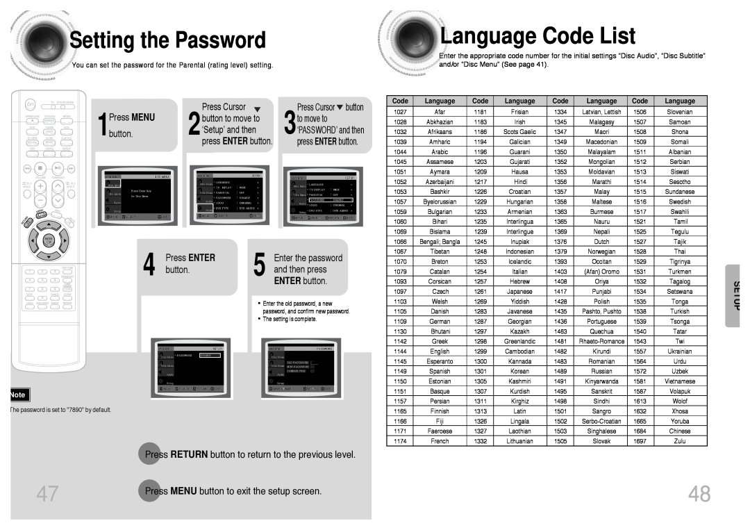 Samsung HT-DS420 Language Code List, Setting the Password, Press MENU, 1button, Press ENTER button, ‘Setup’ and then 