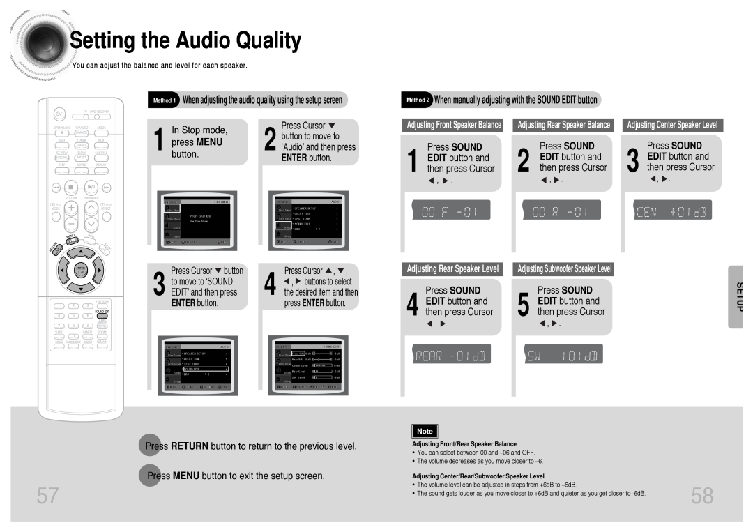 Samsung HT-DS403T Settingthe Audio Quality, In Stop mode, Press SOUND 1 EDIT button and then press Cursor, ENTER button 