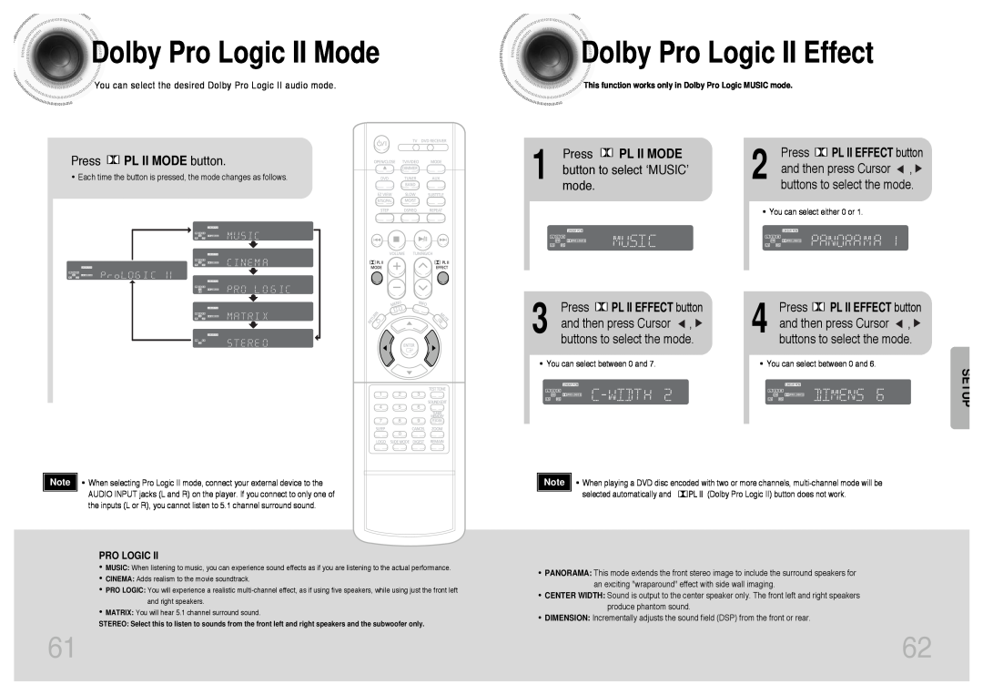 Samsung HT-DS420S DolbyPro Logic II Mode, DolbyPro Logic II Effect, Press PL II MODE button, and then press Cursor, Setup 