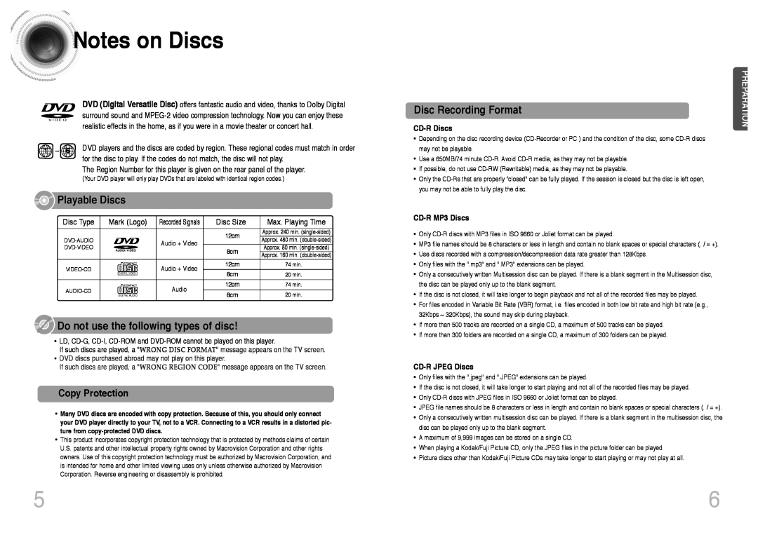 Samsung HT-DS420 Notes on Discs, Playable Discs, Do not use the following types of disc, Disc Recording Format, Disc Size 