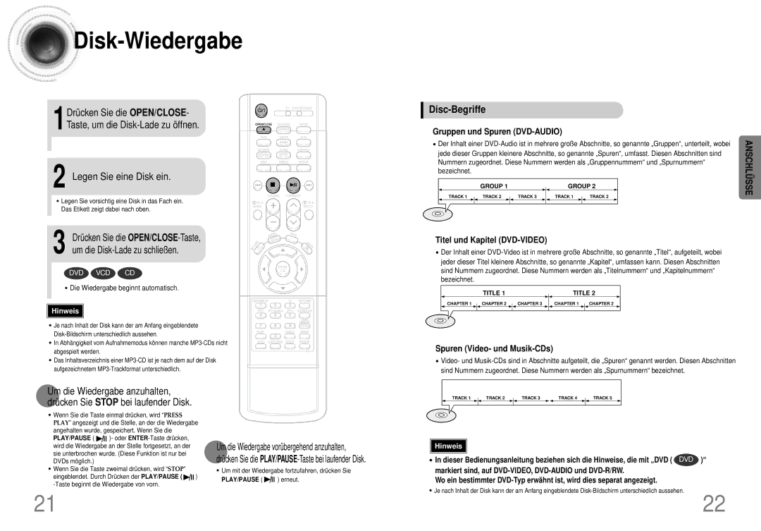 Samsung HT-DS420S/XSH, HTDS400RH/EDC, HTDS420RH/EDC manual Disk -Wiedergabe, Legen Sie eine Disk ein, Disc-Begriffe 