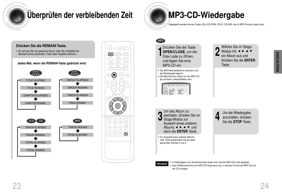 Samsung HTDS400RH/EDC manual MP3 -CD-Wiedergabe, Drü cken Sie die REMAIN-Taste, Drücken Sie die Taste, Um das Album zu 