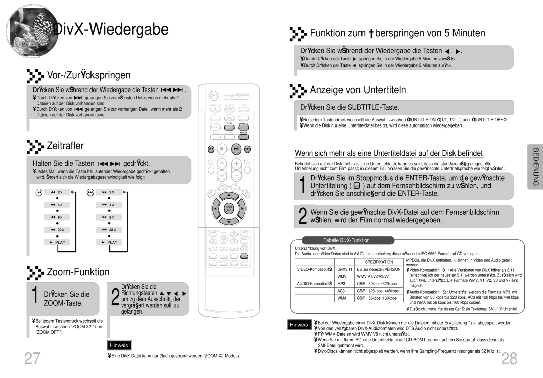 Samsung HT-DS420S/XSH DivX -Wiedergabe, Drücken Sie während der Wiedergabe die Tasten, Halten Sie die Tasten gedrückt 