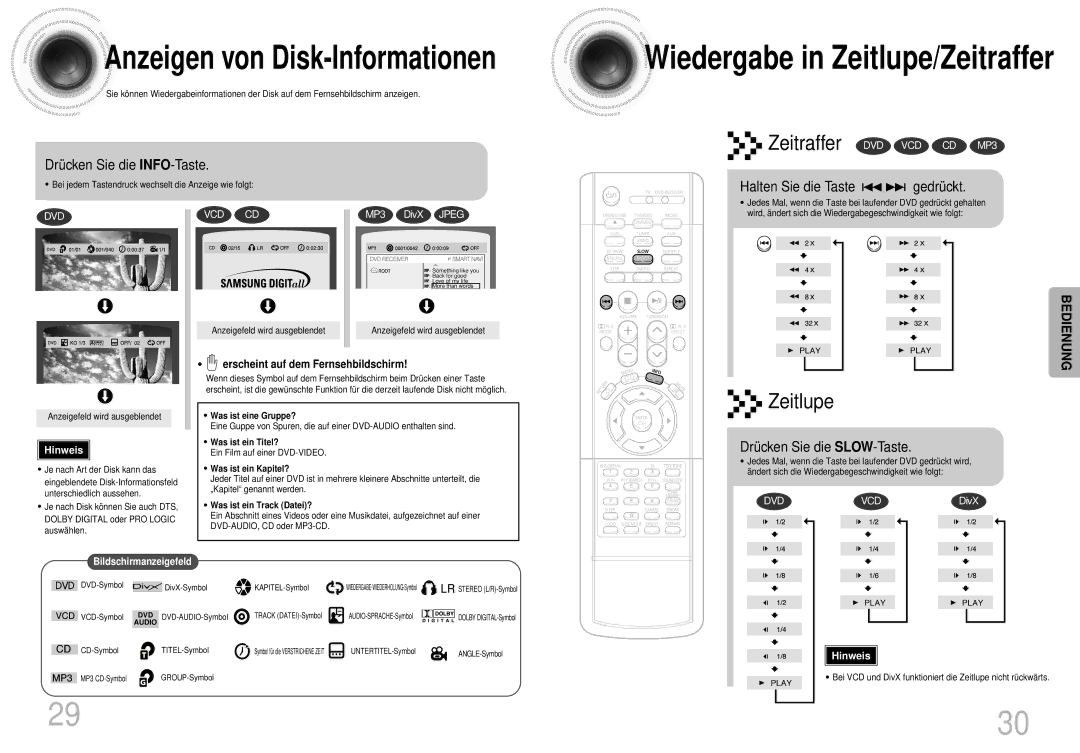 Samsung HTDS400RH/EDC, HT-DS420S/XSH Drücken Sie die INFO-Taste, Halten Sie die Taste gedrückt, Drücken Sie die SLOW-Taste 