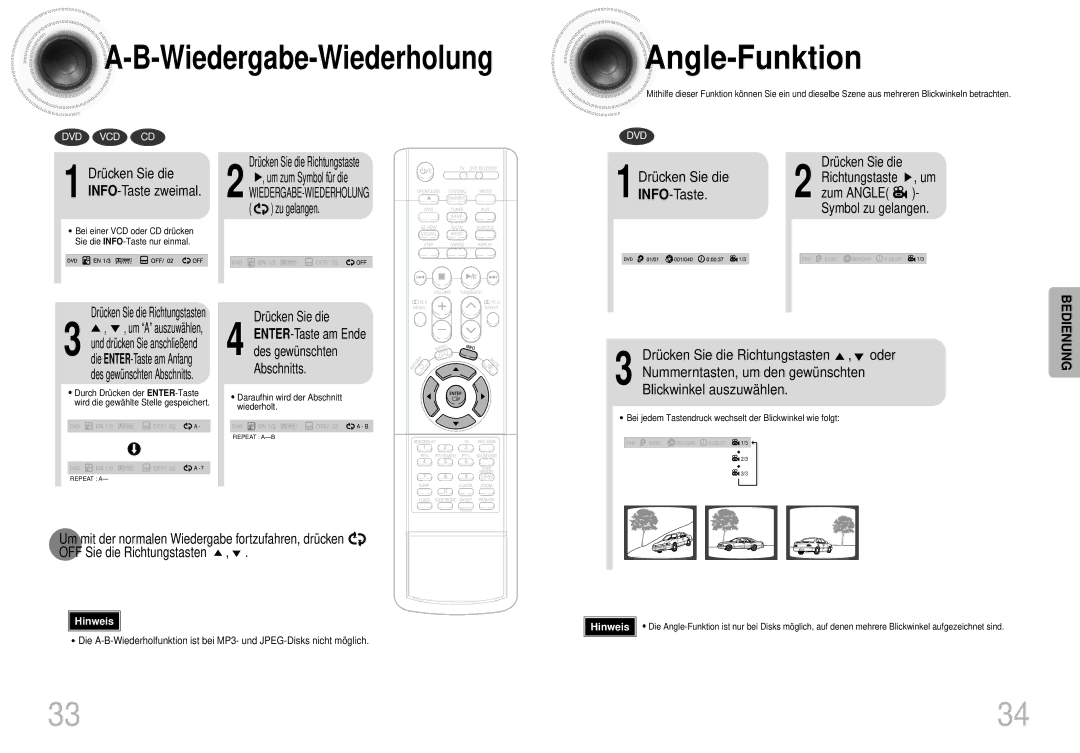 Samsung HT-DS420S/XSH, HTDS400RH/EDC, HTDS420RH/EDC manual Wiedergabe-Wiederholung Angle -Funktion 