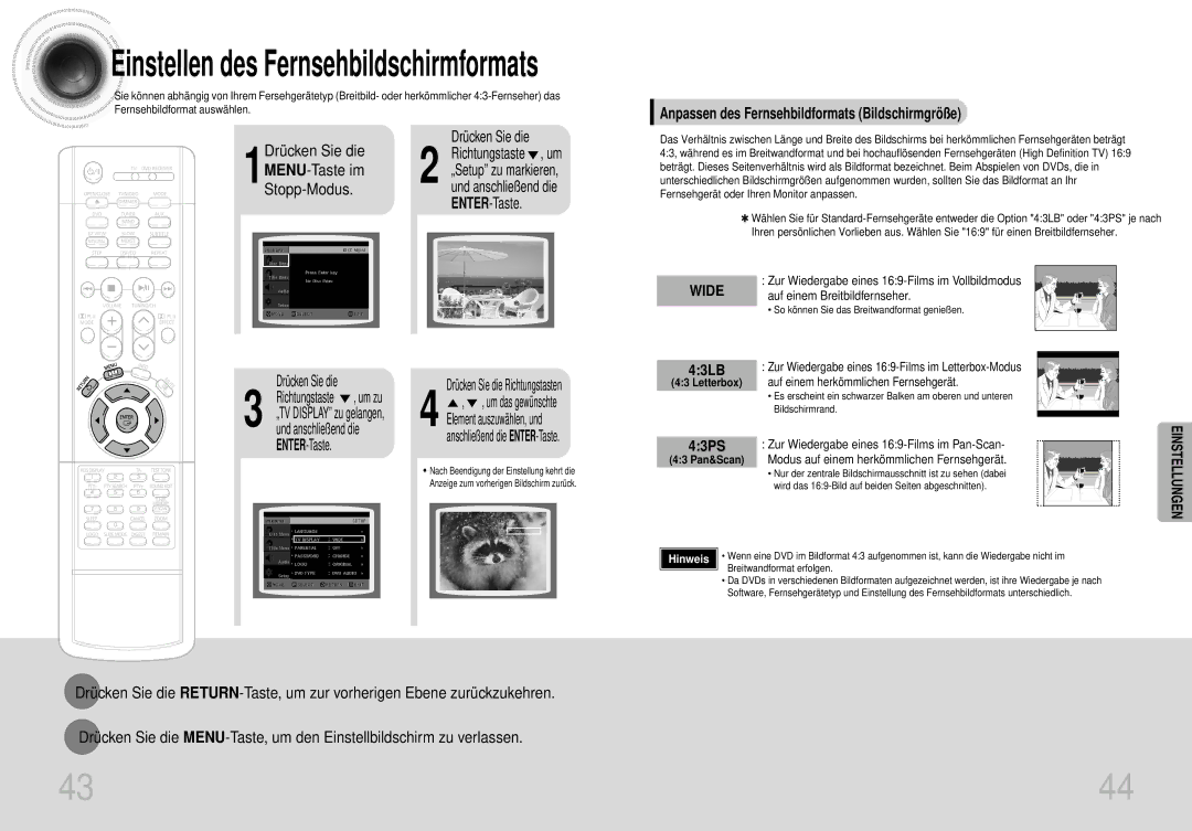 Samsung HTDS420RH/EDC manual Anpassen des Fernsehbildformats Bildschirmgröße, 43LB, 43PS, Auf einem Breitbildfernseher 