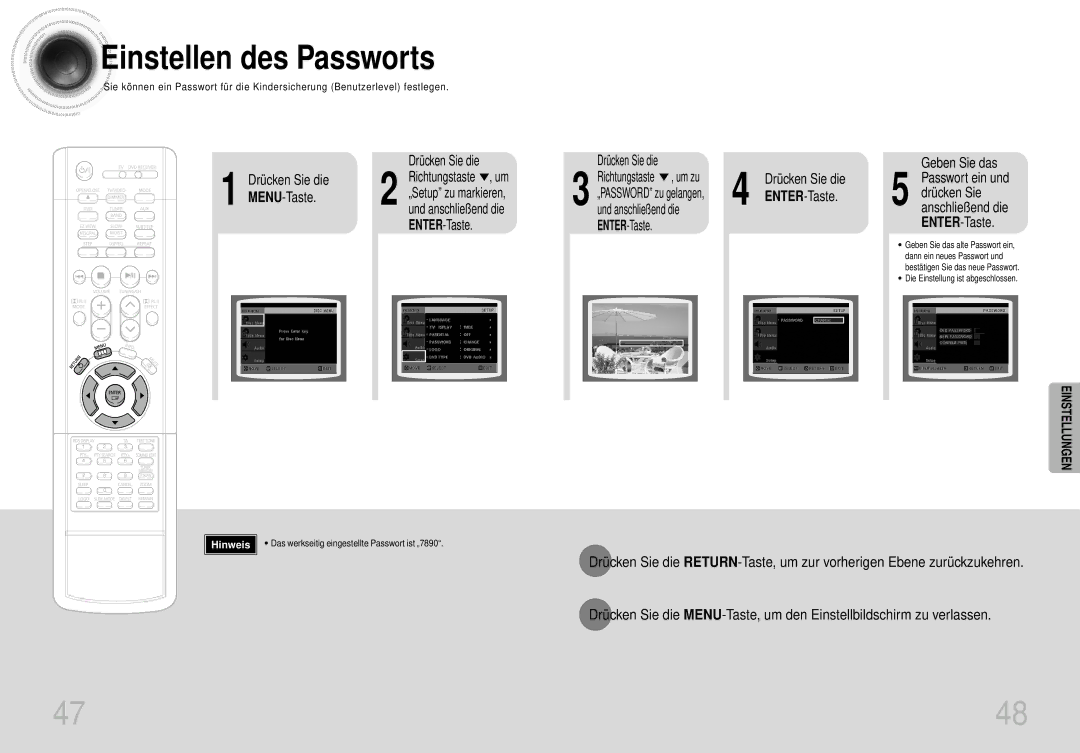 Samsung HTDS400RH/EDC, HT-DS420S/XSH Einstellen des Passworts, Drücken Sie die Richtungstaste , um, „Setup zu markieren 