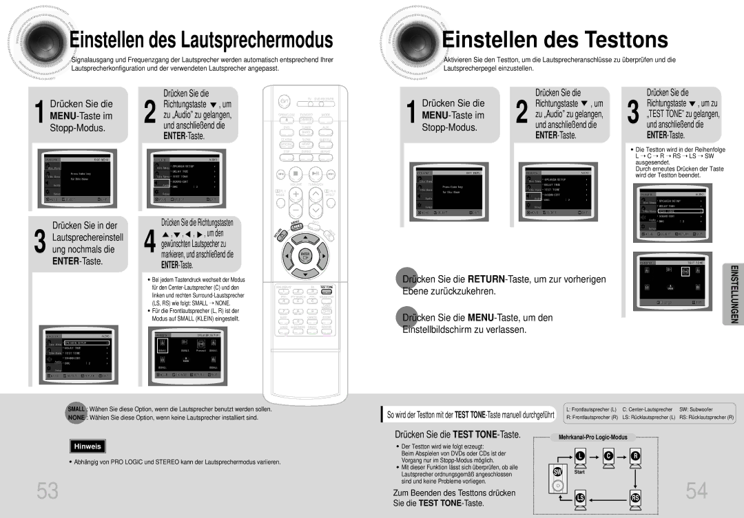 Samsung HTDS400RH/EDC, HT-DS420S/XSH manual Einstellen des Testtons, Drücken Sie in der, Drücken Sie die Test TONE-Taste 