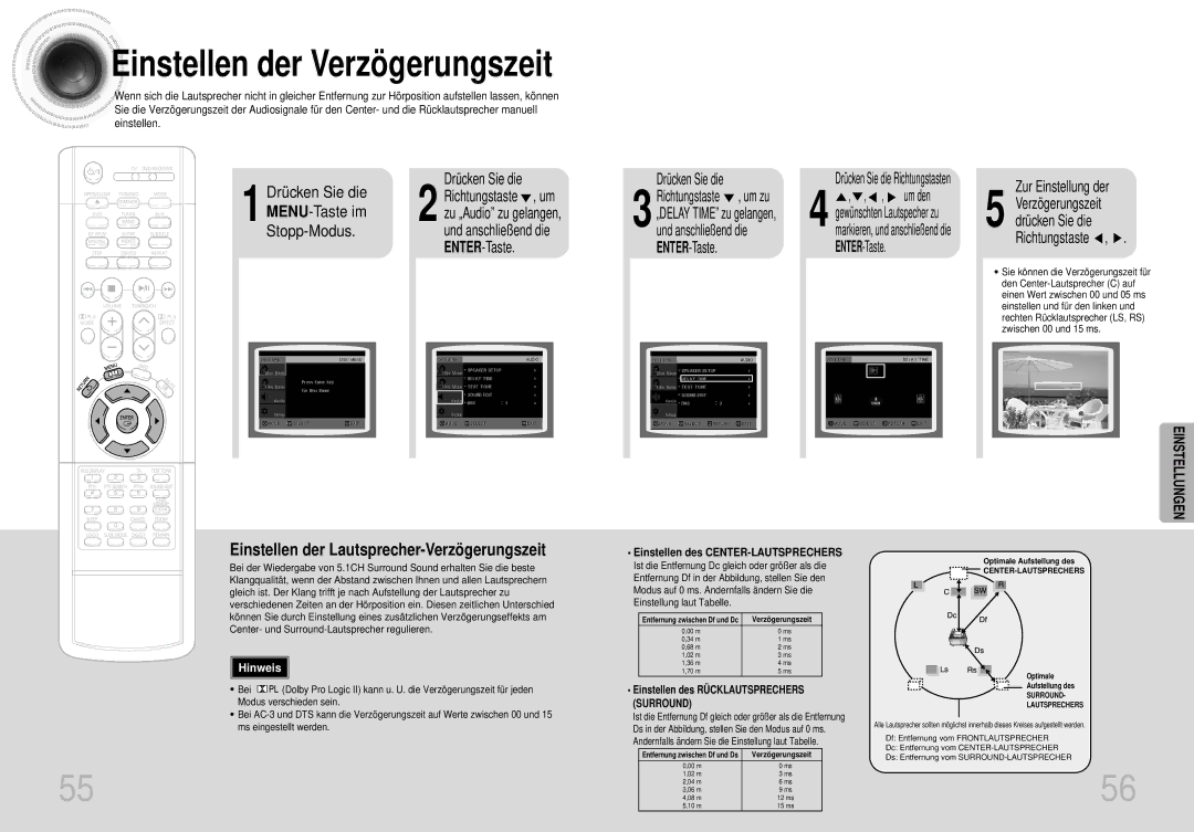 Samsung HTDS420RH/EDC manual Einstellen der Verzögerungszeit, Zur Einstellung der, Einstellen des CENTER-LAUTSPRECHERS 