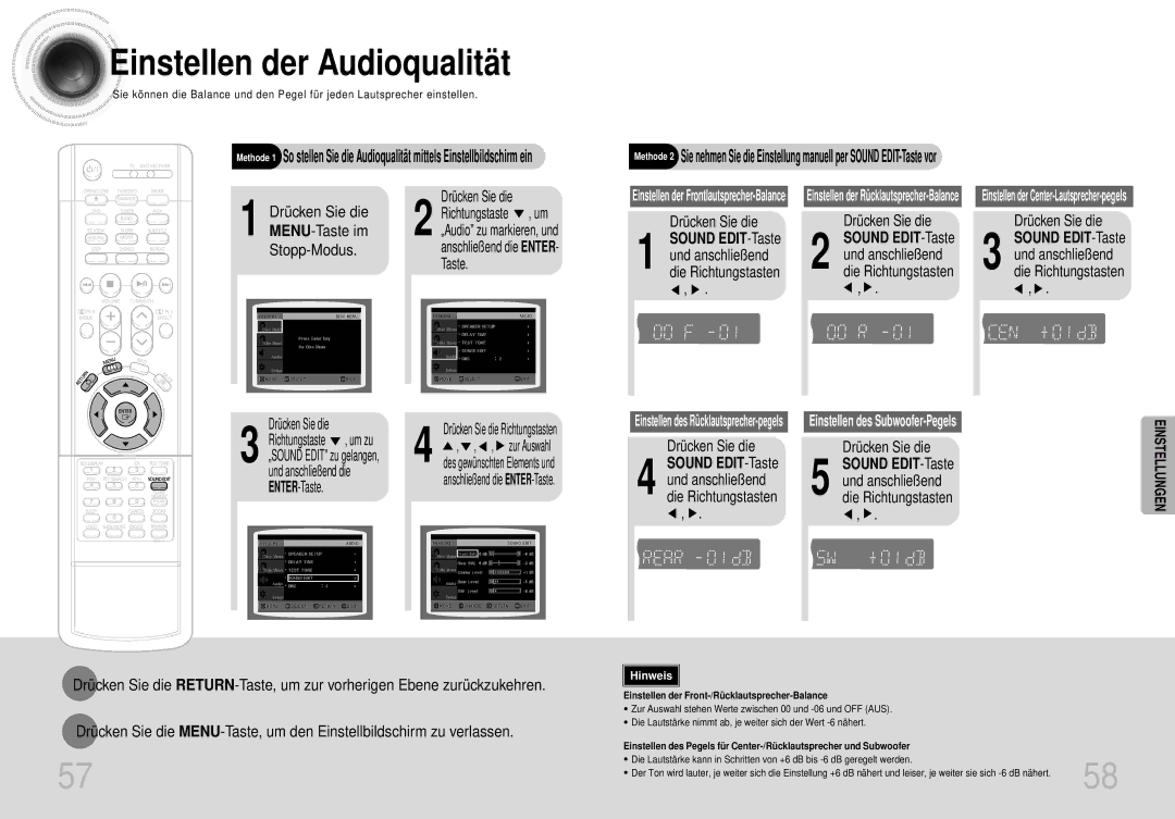 Samsung HT-DS420S/XSH, HTDS400RH/EDC, HTDS420RH/EDC manual Einstellen der Audioqualität, Drücken Sie die Sound EDIT-Taste 