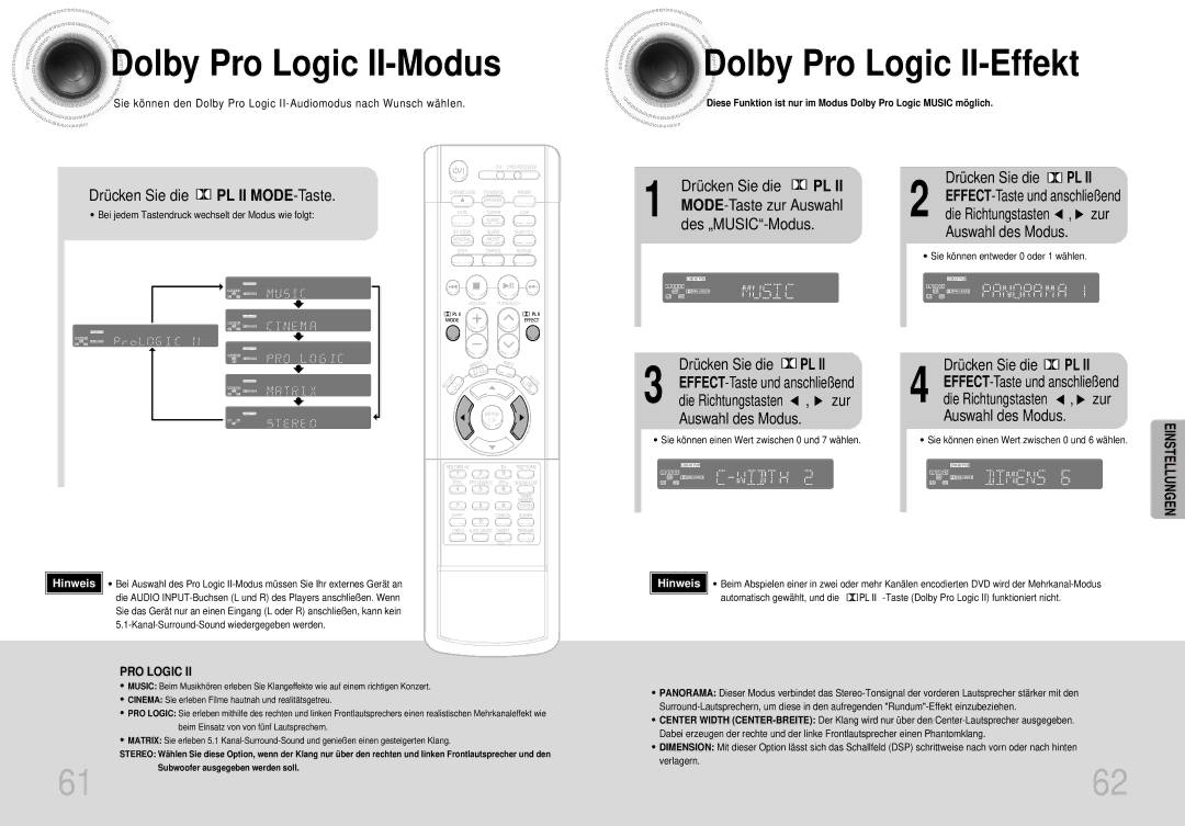 Samsung HTDS420RH/EDC, HT-DS420S/XSH Dolby Pro Logic II-Modus, Drücken Sie die PL II MODE-Taste, Zur, Auswahl des Modus 