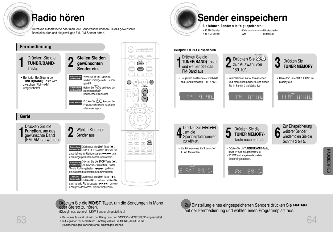 Samsung HT-DS420S/XSH, HTDS400RH/EDC manual Radio hö ren, Sender einspeichern, Fernbedienung, Stellen Sie den, Gerä t 