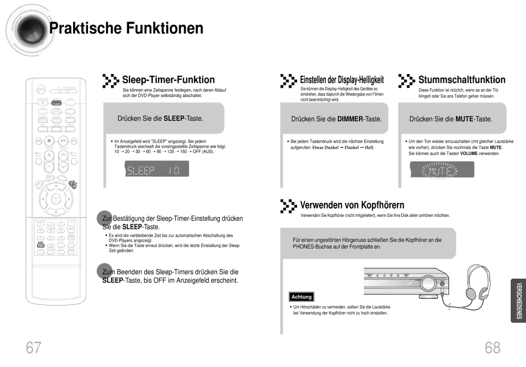 Samsung HTDS420RH/EDC, HT-DS420S/XSH manual Praktische Funktionen, Drücken Sie die SLEEP-Taste, Drücken Sie die DIMMER-Taste 