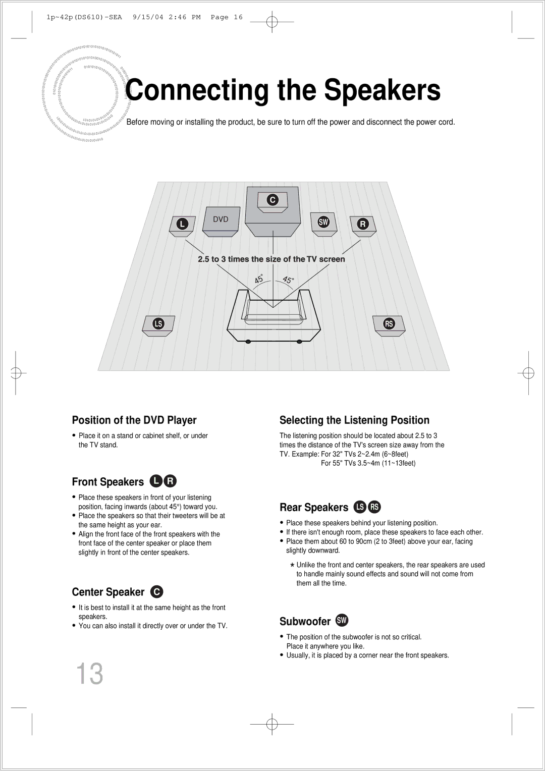 Samsung HT-DS610 instruction manual Connecting the Speakers, Position of the DVD Player 