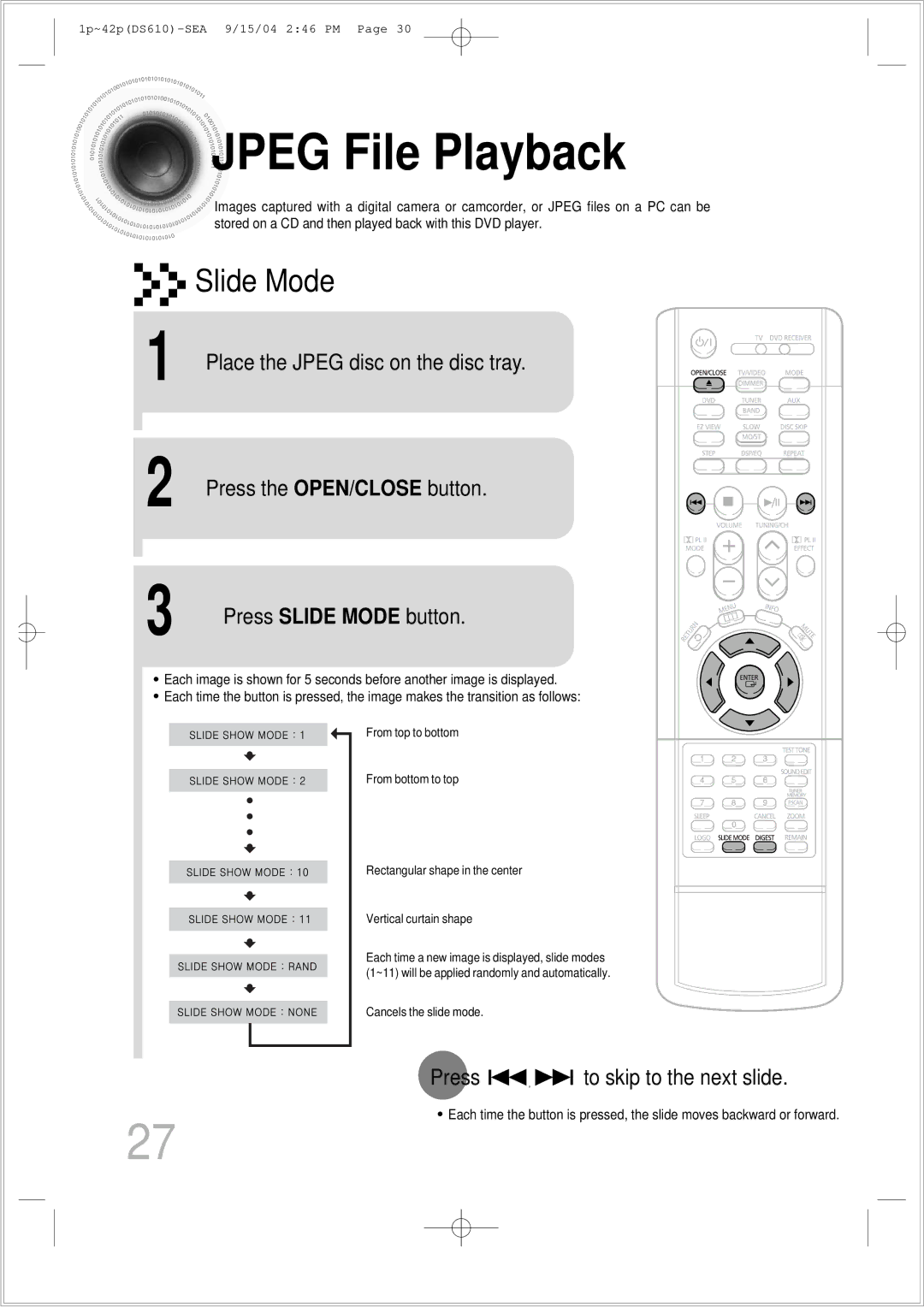 Samsung HT-DS610 instruction manual Jpeg File Playback, Press Slide Mode button, Press to skip to the next slide 