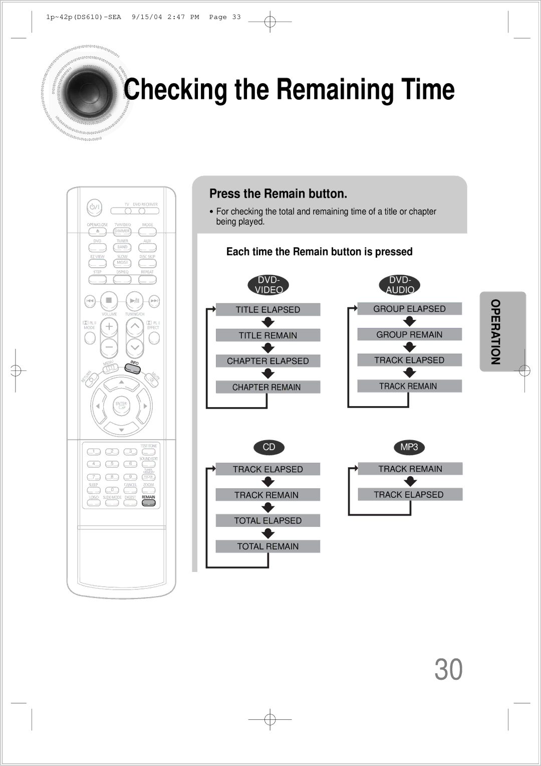 Samsung HT-DS610 instruction manual Checking the Remaining Time, Press the Remain button 