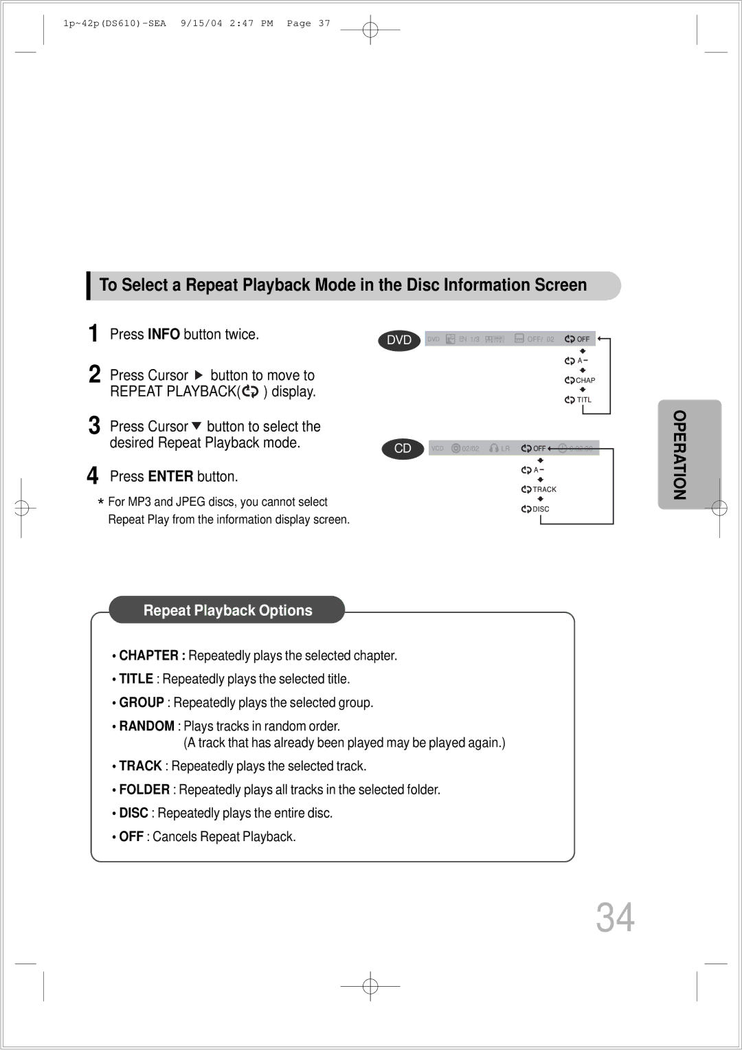 Samsung HT-DS610 instruction manual Repeat Playback Options 