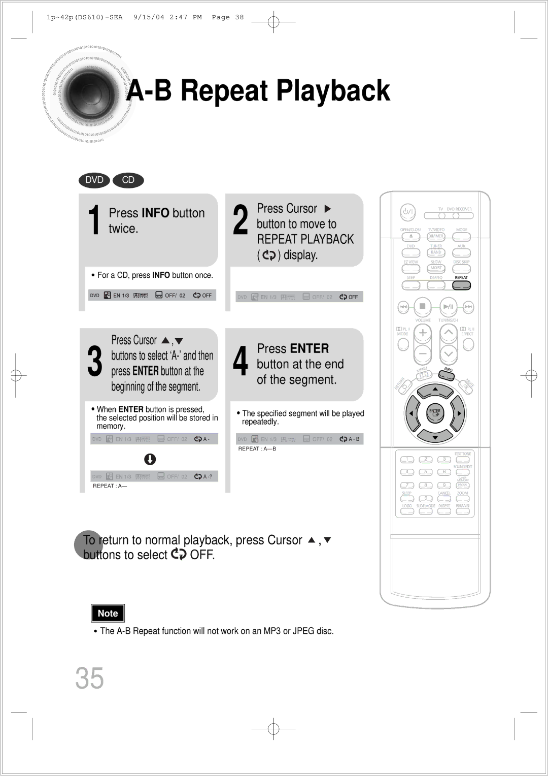 Samsung HT-DS610 instruction manual Press Info button twice, Press Cursor, Press Enter 